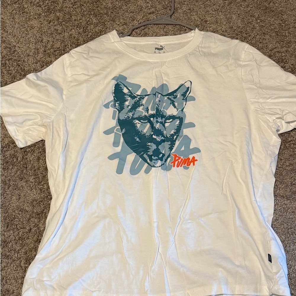 Puma White Graphic T-Shirt with Blue Cat Design